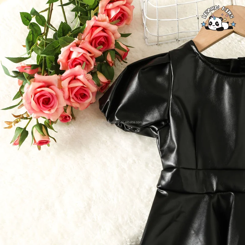 LEZONKIDS - Fashion Custom Patch Black Ruffle Puff Sleeve Pleated Leather Dress Girls PU Dress for Summer
